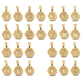 304 Stainless Steel Charms, Real 18K Gold Plated, Hexagon with Letter Charm