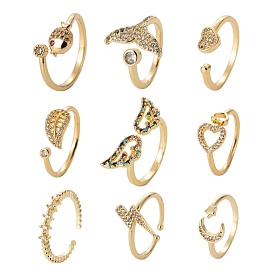 9Pcs 9 Style Brass Micro Pave Clear Cubic Zirconia Cuff Rings, Open Rings, Long-Lasting Plated, Star with Moon & Lightning Bolt & Heart & Fish & Fishtail & Leaf & Wing
