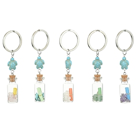 Wishing Bottle Glass Pendant Keychains, with Gemstone Chips Beads & Paper Slip Rolls inside and Synthetic Turquoise Sea Turtle, Iron Split Key Rings
