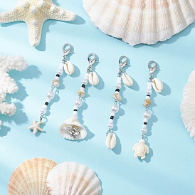 Подвеска в виде морской звезды, черепахи, синтетической бирюзы и натурального панциря трохуса, со стеклянными бусинами и застежками-карабинами из сплава