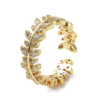 Brass Micro Pave Clear Cubic Zirconia Open Cuff Rings for Women, Leafy Branch