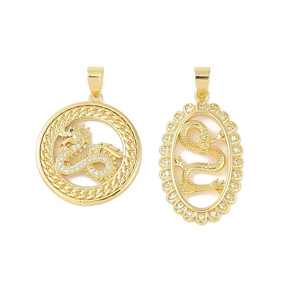 Brass Micro Pave Clear Cubic Zirconia Pendants, Cadmium Free & Nickel Free & Lead Free, Real 18K Gold Plated, Dragon