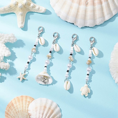 Подвеска в виде морской звезды, черепахи, синтетической бирюзы и натурального панциря трохуса, со стеклянными бусинами и застежками-карабинами из сплава