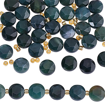 2 Strands Natural Moss Agate Beads Strands, Faceted Hexagonal Cut, Flat Round, with Seed Beads