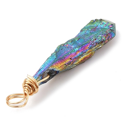 Electroplated Raw Rough Natural Quartz Crystal Copper Wire Wrapped Pendants, Rainbow Plated Teardrop Charms