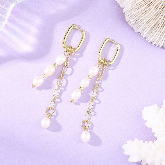 Brass & Natural Pearl Beads Hoop Dangle Earrings, Oval