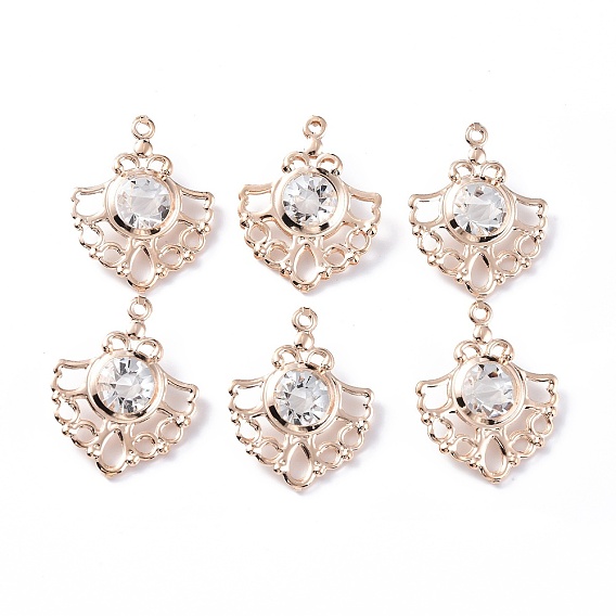 Rack Plating Iron Pendants, with Clear Glass Rhinestone, Flower Charms
