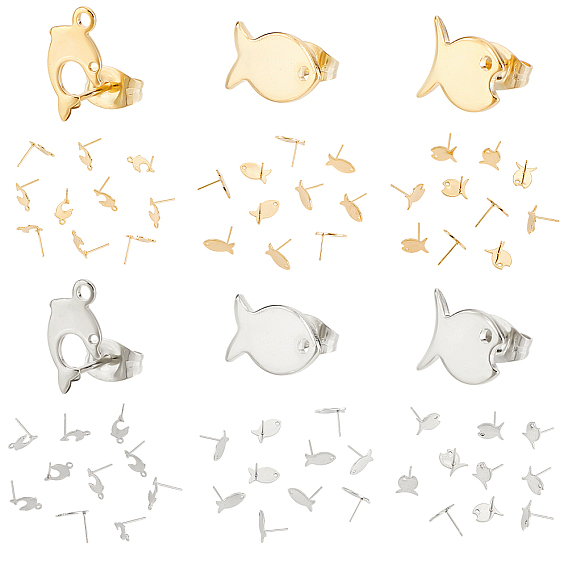 60 шт 6 стиль 304 серьги-гвоздики из нержавеющей стали, с отверстием и 201 ушными гайками/задними частями сережек из нержавеющей стали, рыба и дельфин