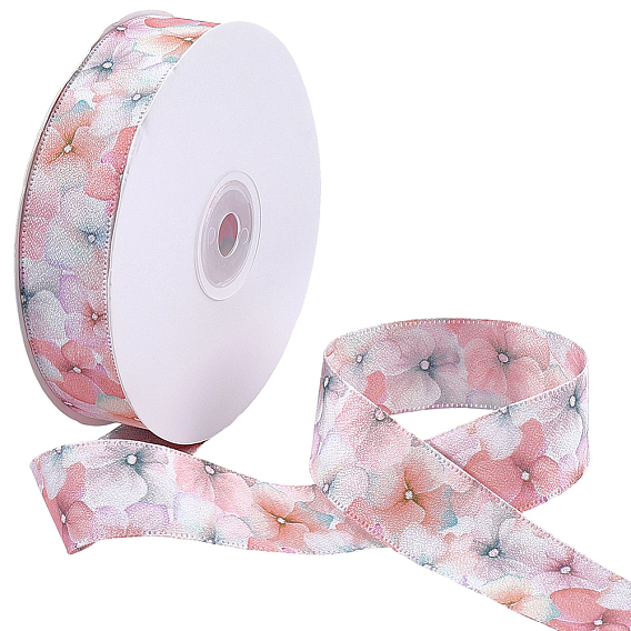 1Roll Single Face Printed Polyester Satin Ribbon, Flower Pattern, for Gift Packaging