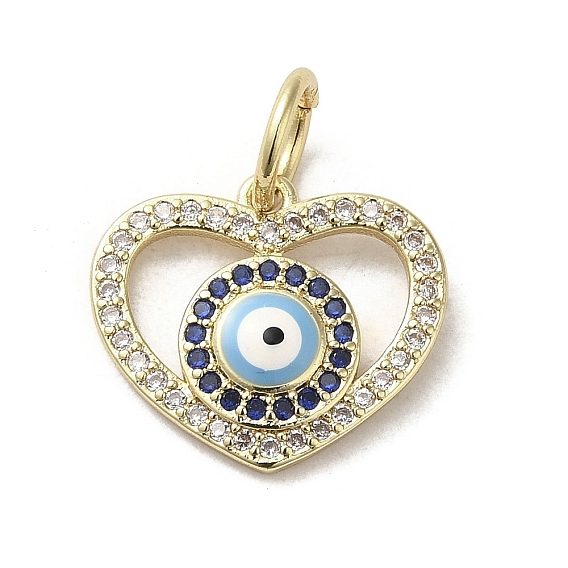 Brass Micro Pave Cubic Zirconia Pendants, with Enamel, with Jump Ring, Real 18K Gold Plated, Heart with Evil Eye