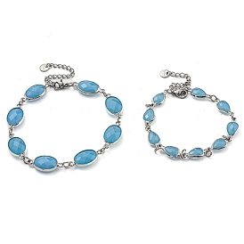 Oval/Heart Faceted Glass Link Chain Bracelets, Brass Jewelry for Women, Deep Sky Blue, Platinum