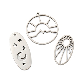 316L Surgical Stainless Steel Pendants, Stainless Steel Color, Laser Cut, Oval & Flat Round with Sun/Moon/Star Charm