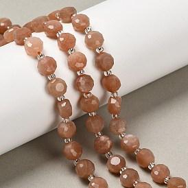 Natural Sunstone Beads Strands, Flat Round, Faceted, with Seed Beads