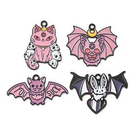 Halloween Theme Alloy Enamel Pendants, Black, Bat & Cat Charm