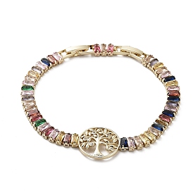 Tree of Life Brass Link Bracelet with Colorful Cubic Zirconia Tennis Chains, Long-Lasting Plated