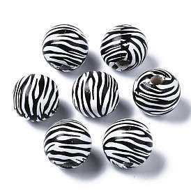 Painted Natural Wood European Beads, Large Hole Beads, Printed, Round with Zebra-Stripe