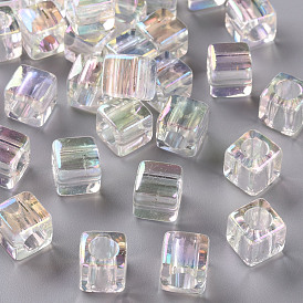 Perles européennes acryliques transparentes, de couleur plaquée ab , Perles avec un grand trou   , cube
