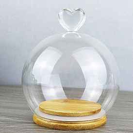 Heart Glass Dome Cover, Decorative Display Case, Cloche Bell Jar Terrarium with Wood Base, for DIY Preserved Flower Gift