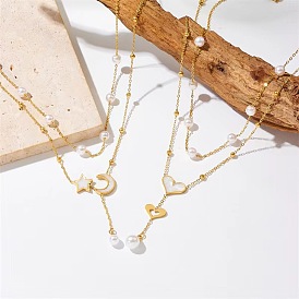 304 двухслойные ожерелья из нержавеющей стали для женщин, с ракушкой и пластиковой имитацией жемчуга