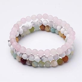 Mixed Gemstone Beaded Stretch Bracelet Sets, Stackable Bracelets, Natural Amazonite, Natural Rose Quartz and Howlite, Frosted