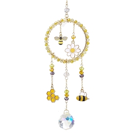 Alliage émail abeille fleur et perles de verre anneau pendentif décorations, Breloques rondes à pampilles pour la décoration de jardin et de maison