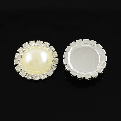 Accessoires de vêtement cabochons demi-abs en plastique avec perles synthétiques, avec strass et laiton supports cabochon de qualité, 21x6.5mm