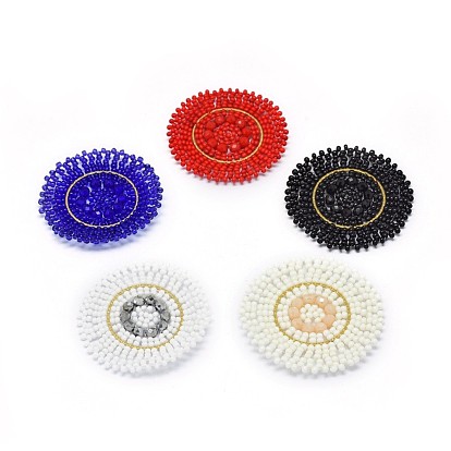 Handmade Woven Pendants, with Glass Beads and Golden Tone 304 Stainless Steel Findings, Flat Round