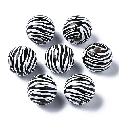 Painted Natural Wood European Beads, Large Hole Beads, Printed, Round with Zebra-Stripe