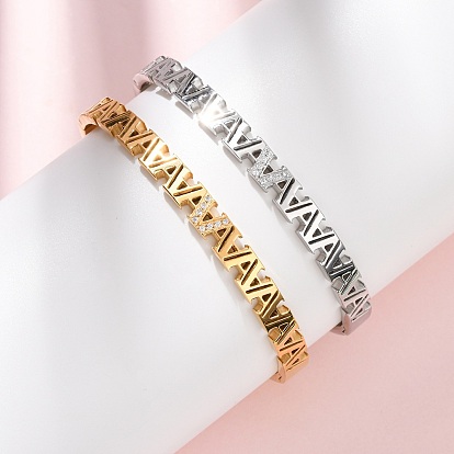 304 Шарнирные браслеты из нержавеющей стали с микропаве из кубических цирконий для женщин, буква a