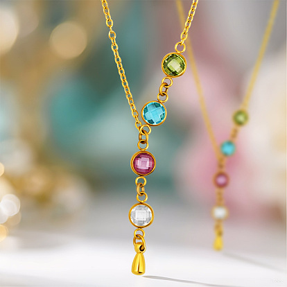 304 Stainless Steel Pave Colorful Cubic Zirconia Flat Round Y Pendant Necklaces for Women