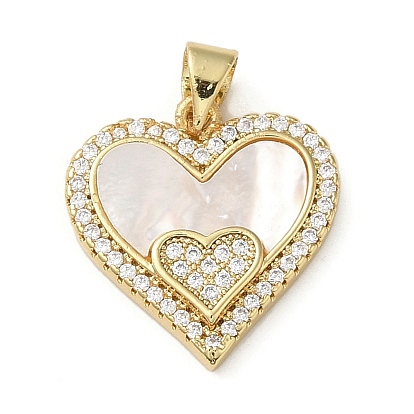 Brass Micro Pave Cubic Zirconia Pendants, Cadmium Free & Lead Free, with Shell, Heart
