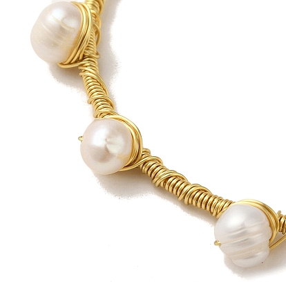 Natural Pearl Beaded Cuff Bangle, Brass Wire Wrapped Bangle