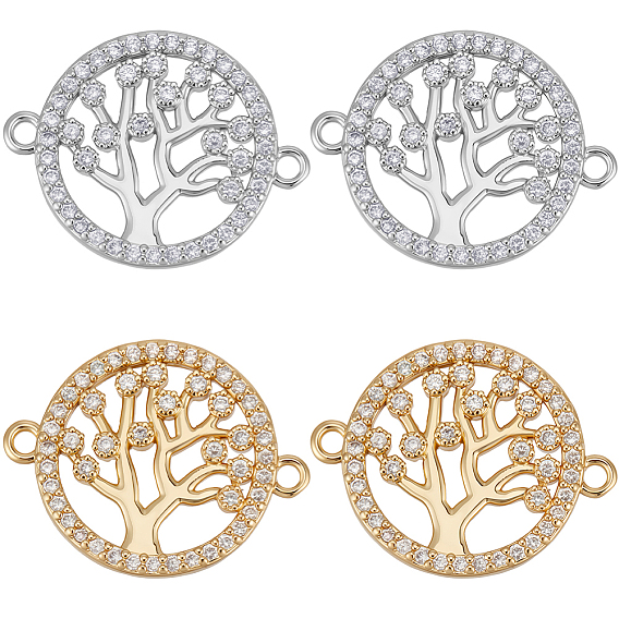 12шт 2 цвета латунь micro pave фианиты звенья, плоские круглые с дерева жизни
