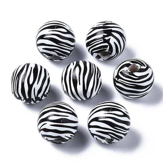 Painted Natural Wood European Beads, Large Hole Beads, Printed, Round with Zebra-Stripe