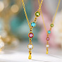 304 Collares con colgante plano redondo en forma de Y de acero inoxidable con circonitas cúbicas de colores para mujer