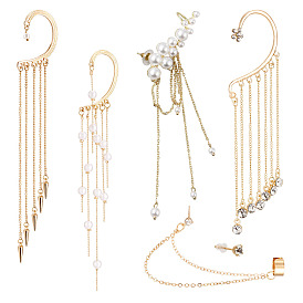 4шт. длинные серьги-каффы с кисточками и искусственным жемчугом, с 1 серьгами-гвоздиками с кристаллами и стразами с каффами для женщин