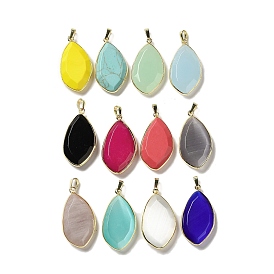Gemstone Pendants, Oval Charms with Rack Plating Golden Tone Brass Findings
