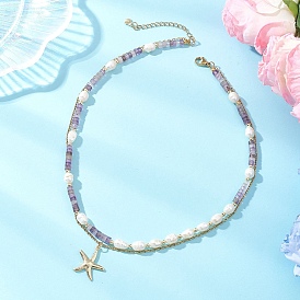 Бусины хейши из драгоценных камней и рисовые бусины из натурального жемчуга, двойной слой 304 ожерелья с подвеской в виде морской звезды из нержавеющей стали, золотые