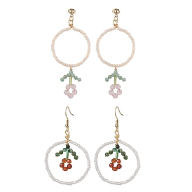 Flower Colorful Glass Seed Beads Dangle Earrings, Golden Tone 304 Stainless Steel Earring for Women