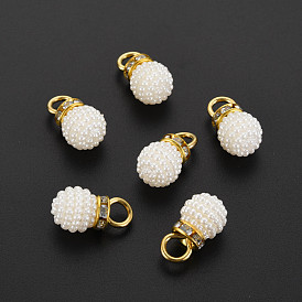 ABS Plastic Imitation Pearl Pendants, with Golden Plated Brass Loop and Crystal Rhinestone, Round