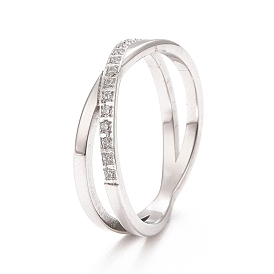 Clear Cubic Zirconia Criss Cross Finger Ring, 304 Stainless Steel Jewelry for Women