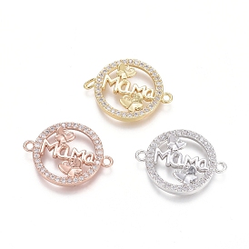 Brass Micro Pave Clear Cubic Zirconia Links Connectors, Flat Round with Butterfly & Word MaMa, for Mother's Day