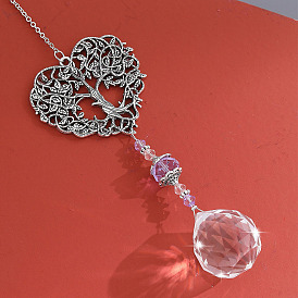 Alloy Heart with Tree of Life Pendant Decorations, Hanging Suncatchers, with Glass Teardrop Charm