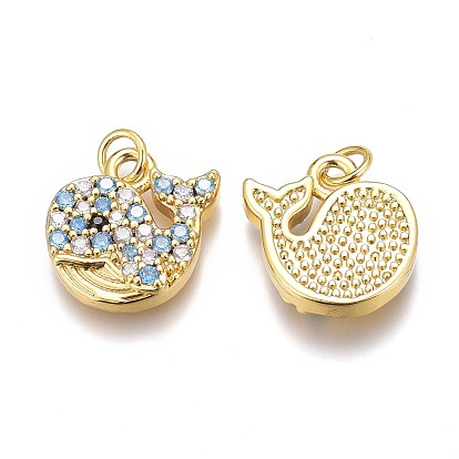 Brass Micro Pave Clear & Sky Blue Cubic Zirconia Charms, with Jump Rings, Long-Lasting Plated, Whale Shape