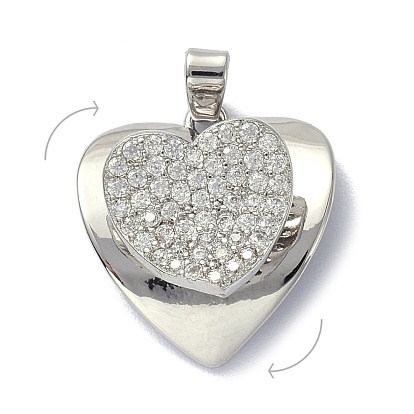 Brass Micro Pave Clear Cubic Zirconia Pendants, Rotatable, Heart