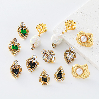 304 Stainless Steel Rhinestone Stud Earrings for Women, with Glass, Golden
