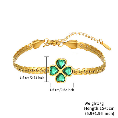 Cubic Zirconia Clover Link Bracelet, with Golden Stainless Steel Cuban Link Chains