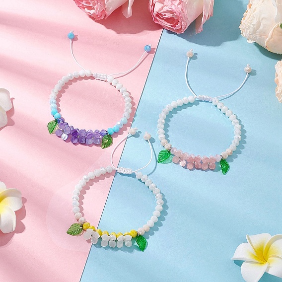 3шт 3 цвета гальванизированные стеклянные бусины плетеные браслеты для женщин, цветок, с акриловыми и платиновыми латунными штифтами с шарообразными головками