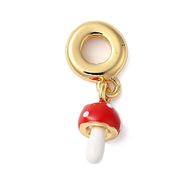 Rack Plating Brass Red Enamel European Dangle Charms, Mushroom Large Hole Pendants, Cadmium Free & Lead Free, Long-Lasting Plated