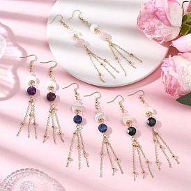 Серьги-подвески с натуральными драгоценными камнями круглой формы в форме луны, с 304 крючками для сережек из нержавеющей стали и раковиной-трохусом, золотые